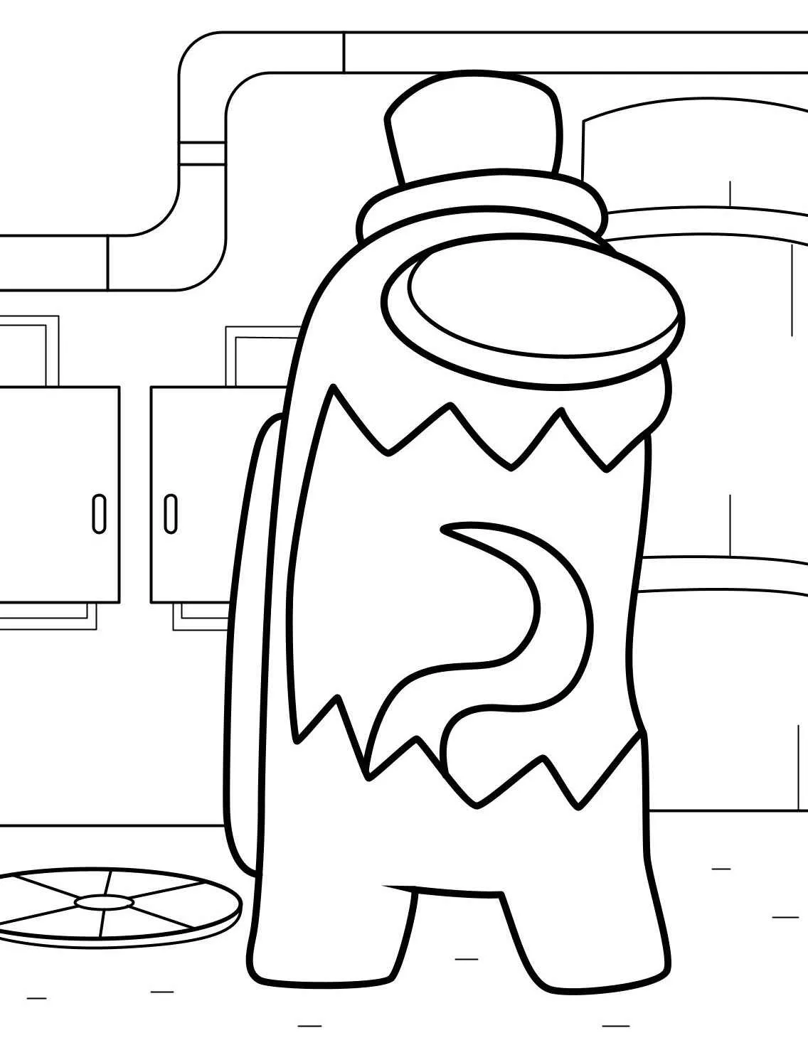 Desenho de um personagem de Among Us usando um chapéu de festa em um cenário de jogo