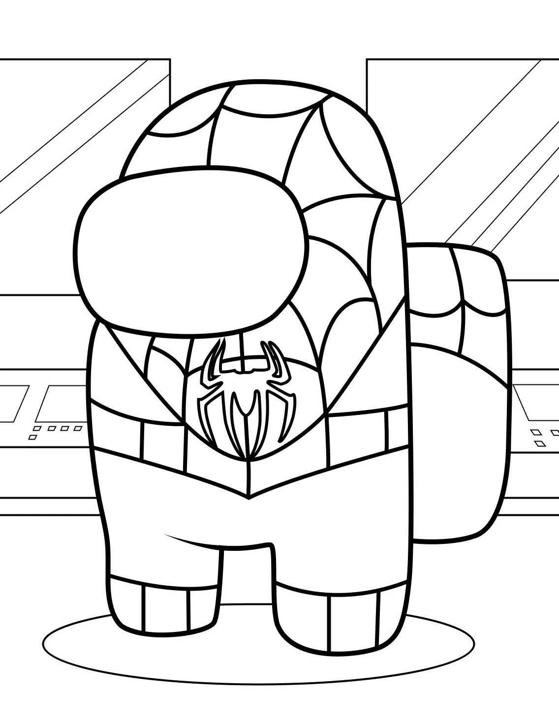 Desenho para colorir de um tripulante de Among Us vestido de Homem-Aranha