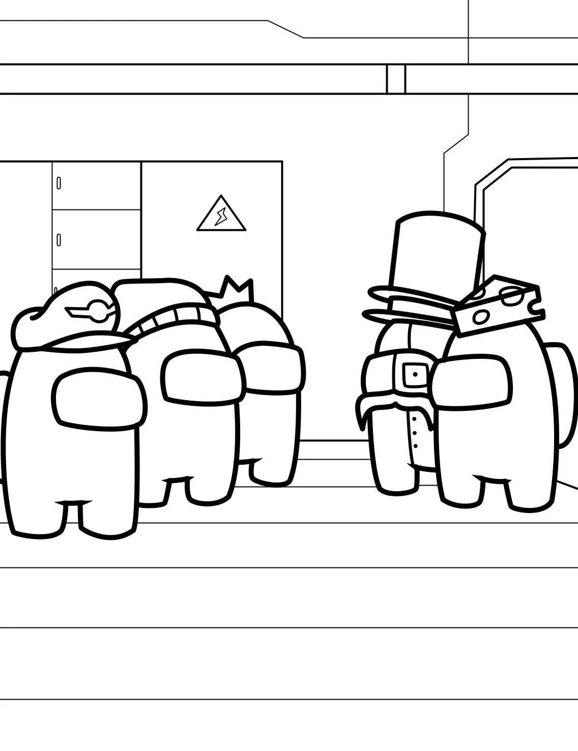 Desenho para colorir de personagens de Among Us em uma festa