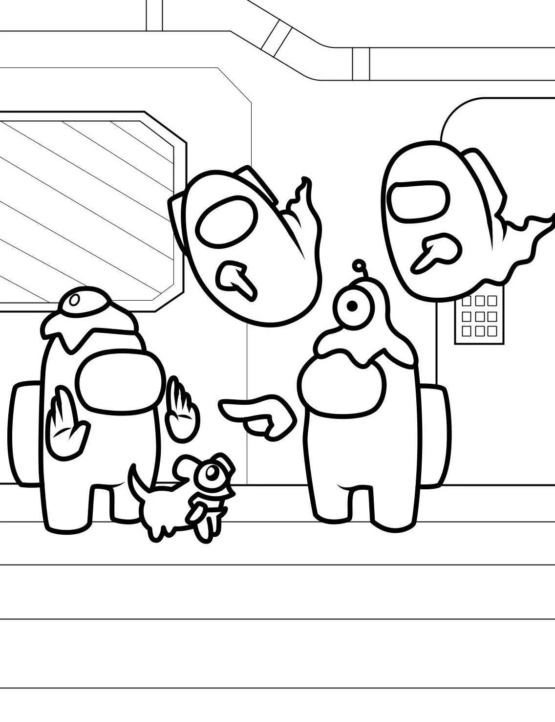 Desenho para colorir de personagens de Among Us com fantasmas