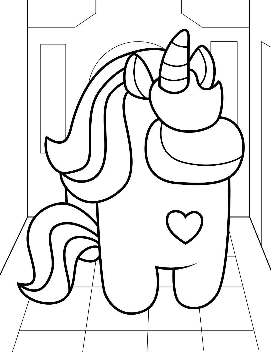 Desenho de um personagem de Among Us com tema de unicórnio para colorir