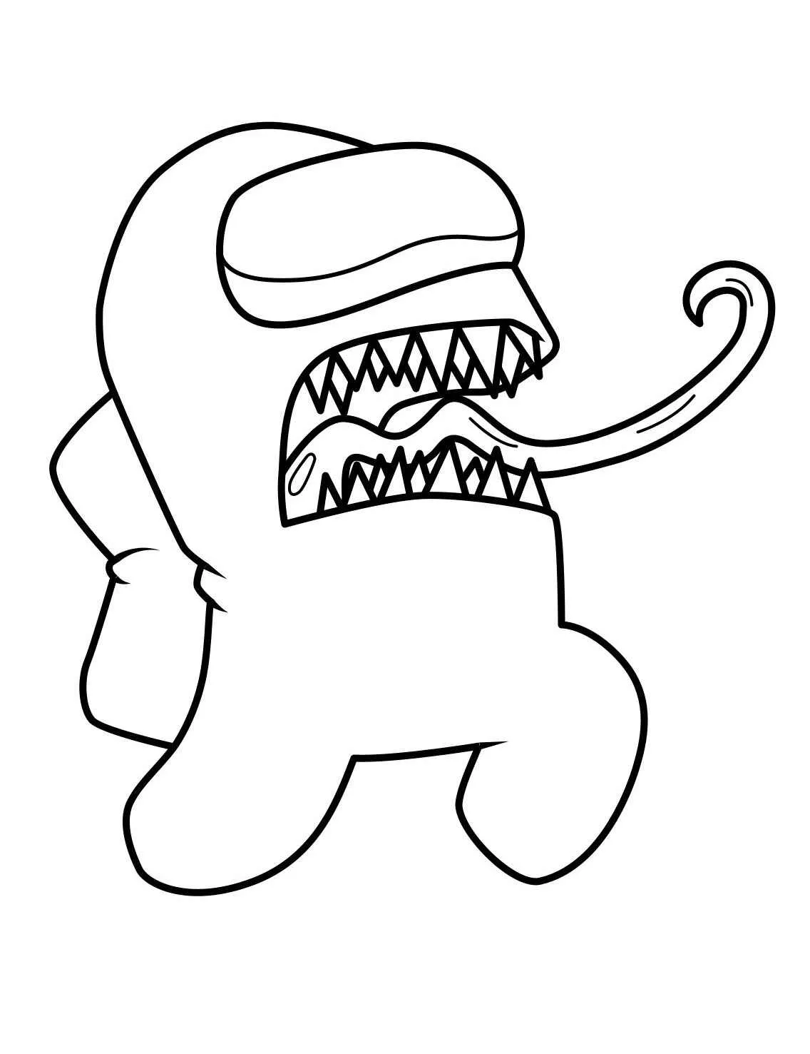 Desenho para colorir de um impostor de Among Us com dentes afiados e língua longa