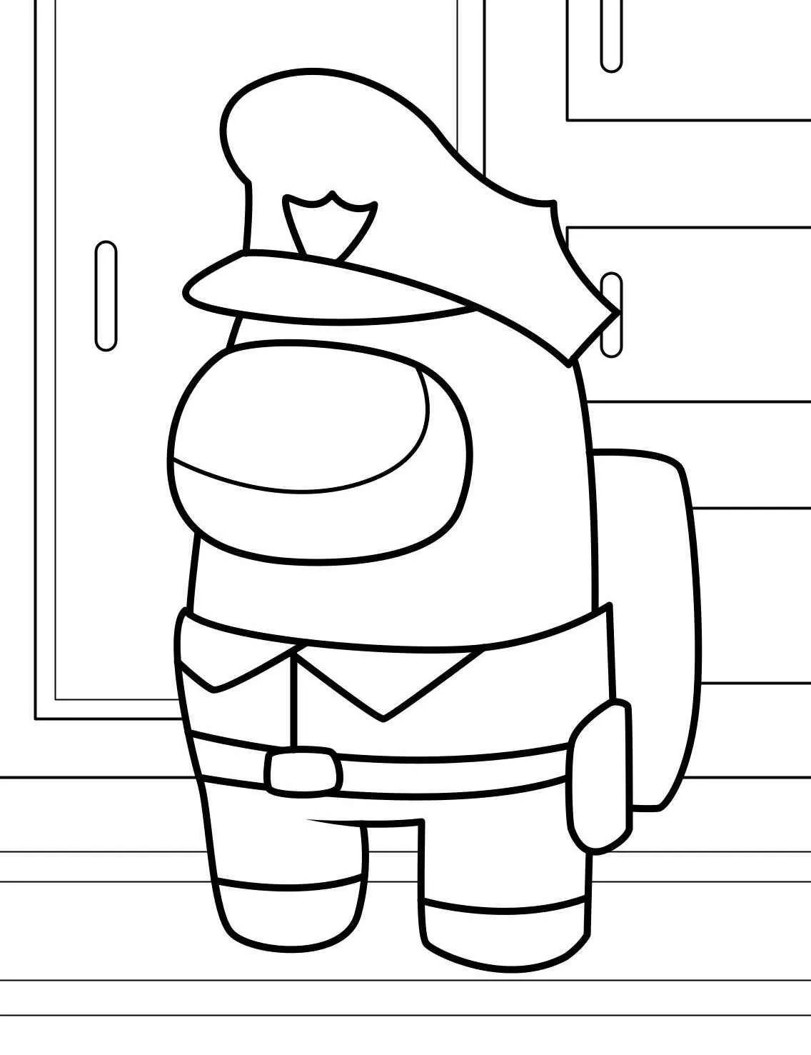 Desenho em preto e branco de um tripulante de Among Us vestido de policial