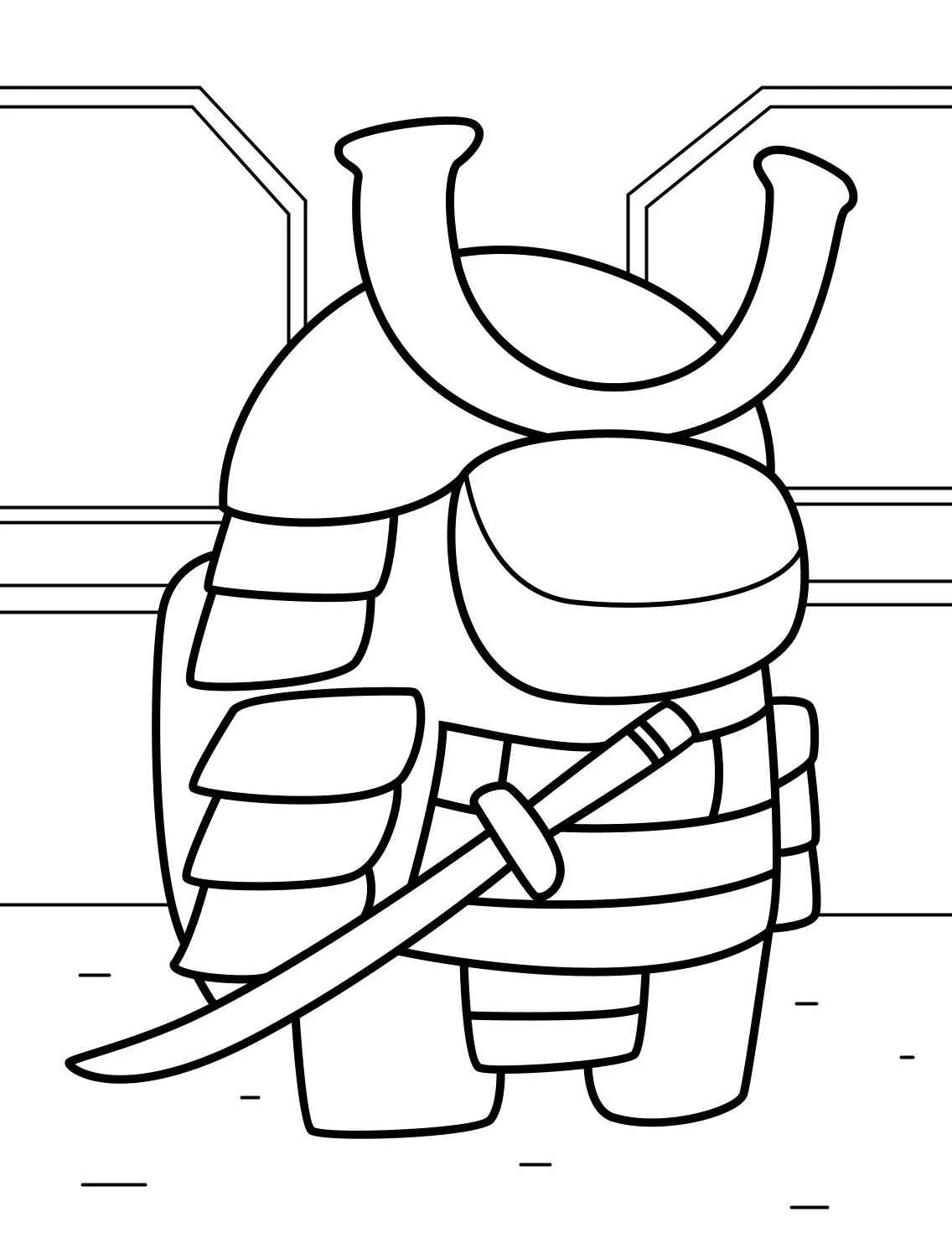Desenho de um tripulante de Among Us vestido de samurai com espada