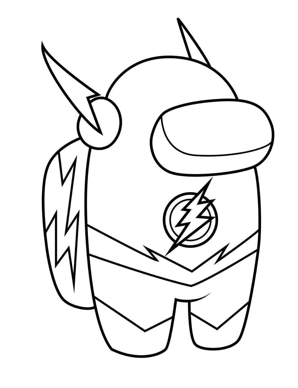 Desenho de um tripulante de Among Us vestido de super-herói com relâmpagos
