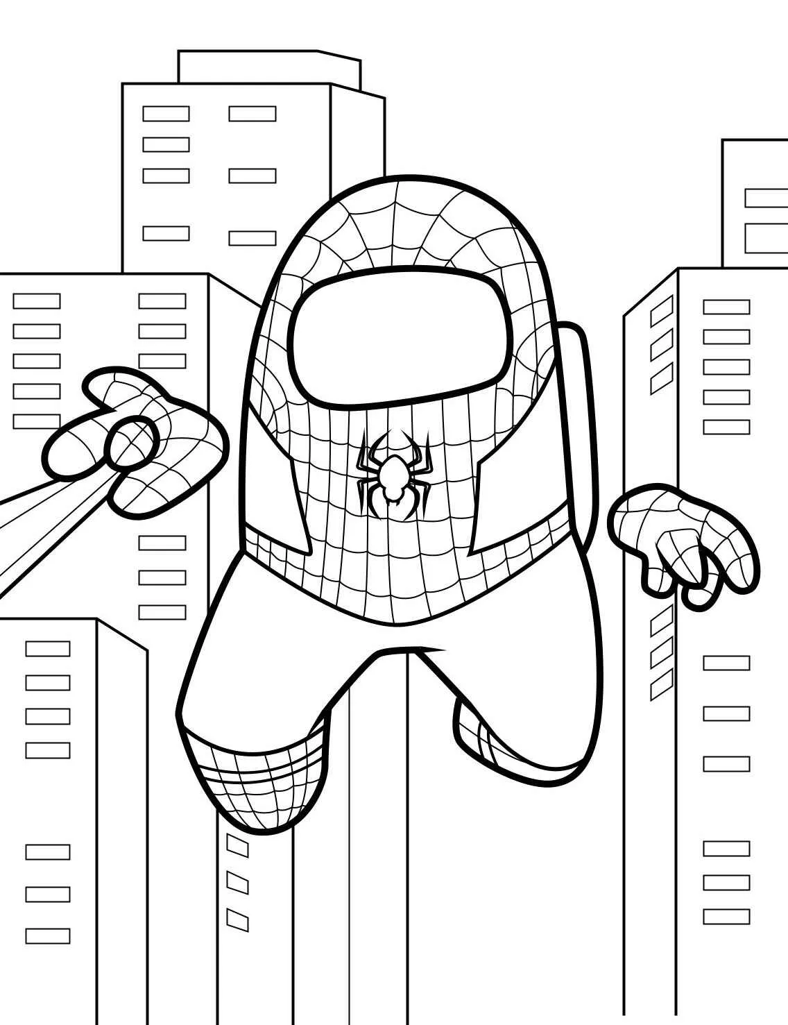 Desenho para colorir de um tripulante de Among Us vestido de super-herói em uma cidade