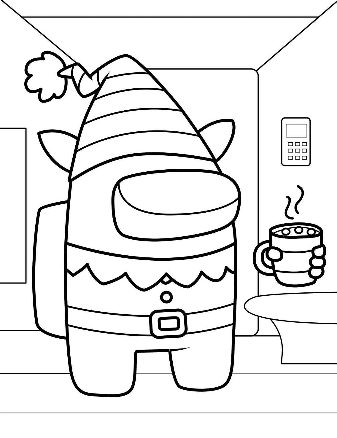 Desenho de um tripulante de Among Us segurando uma caneca em um ambiente festivo