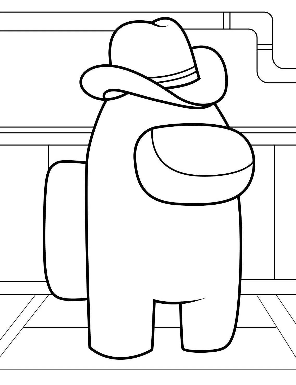 Desenho de um tripulante de Among Us usando um chapéu de cowboy, pronto para colorir.