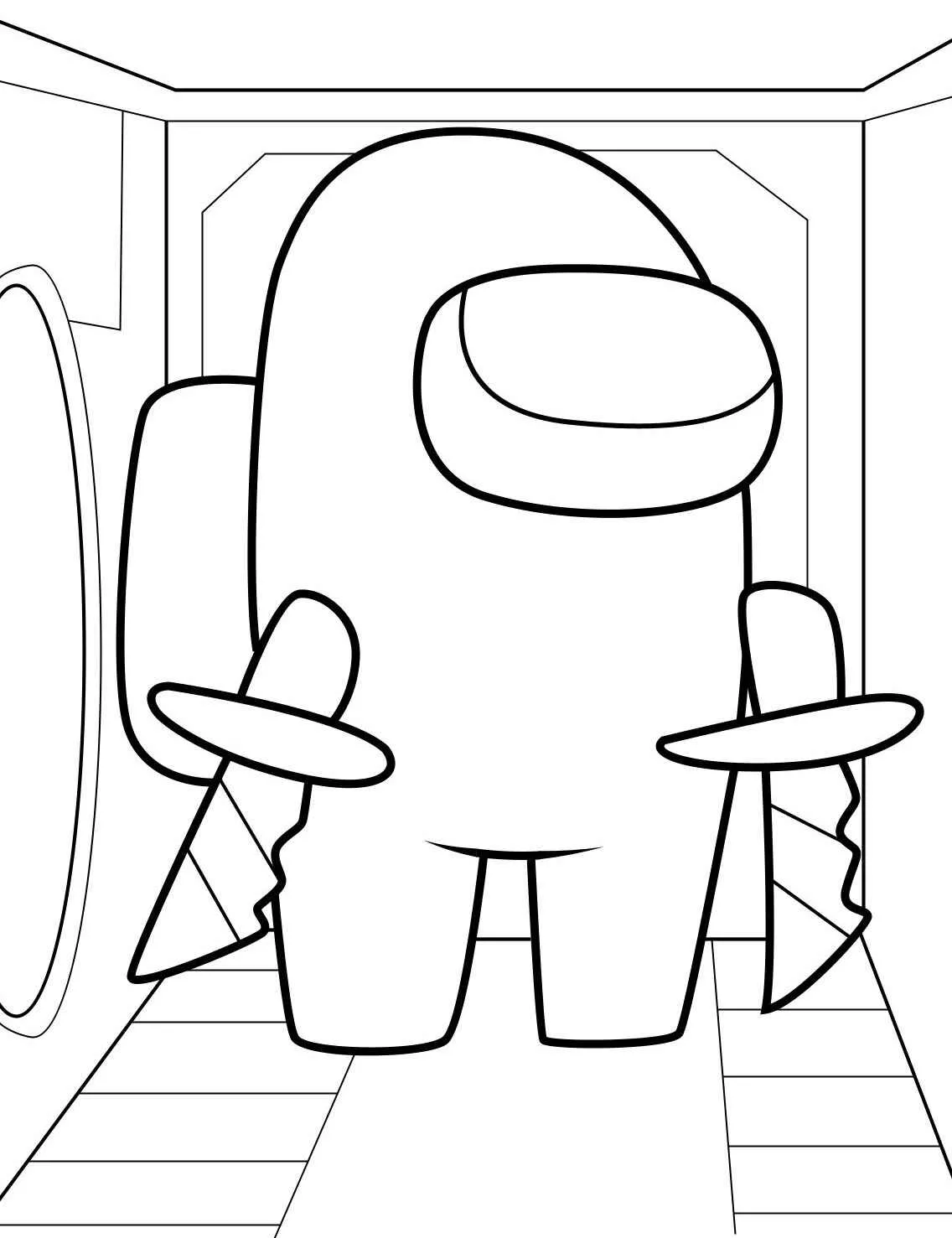 Desenho para colorir de um tripulante de Among Us segurando facas