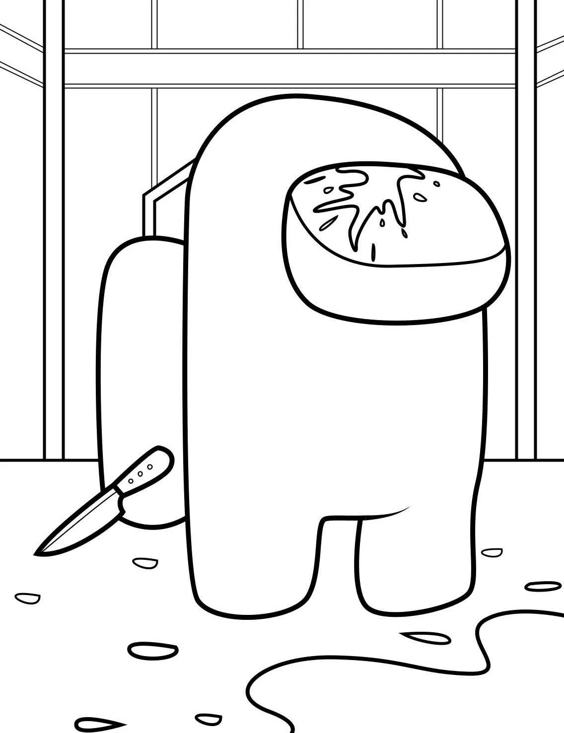 Desenho para colorir de um tripulante de Among Us caído com uma faca ao lado