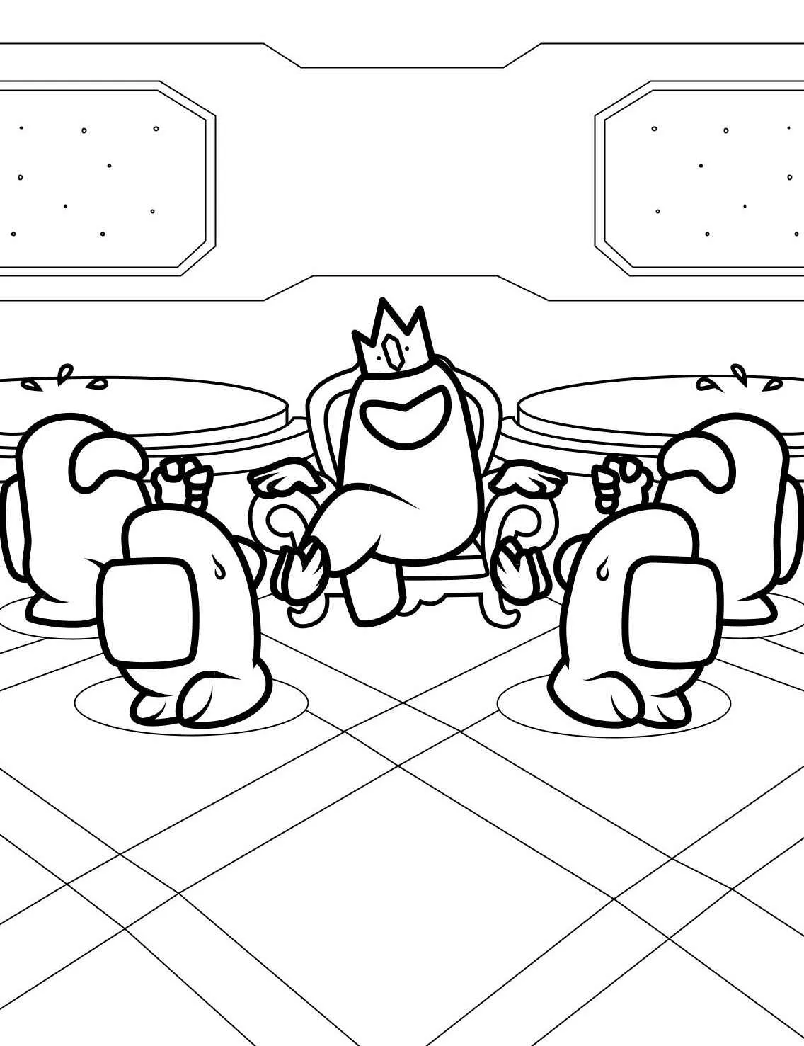 Desenho para colorir de um tripulante rei com outros tripulantes em uma sala