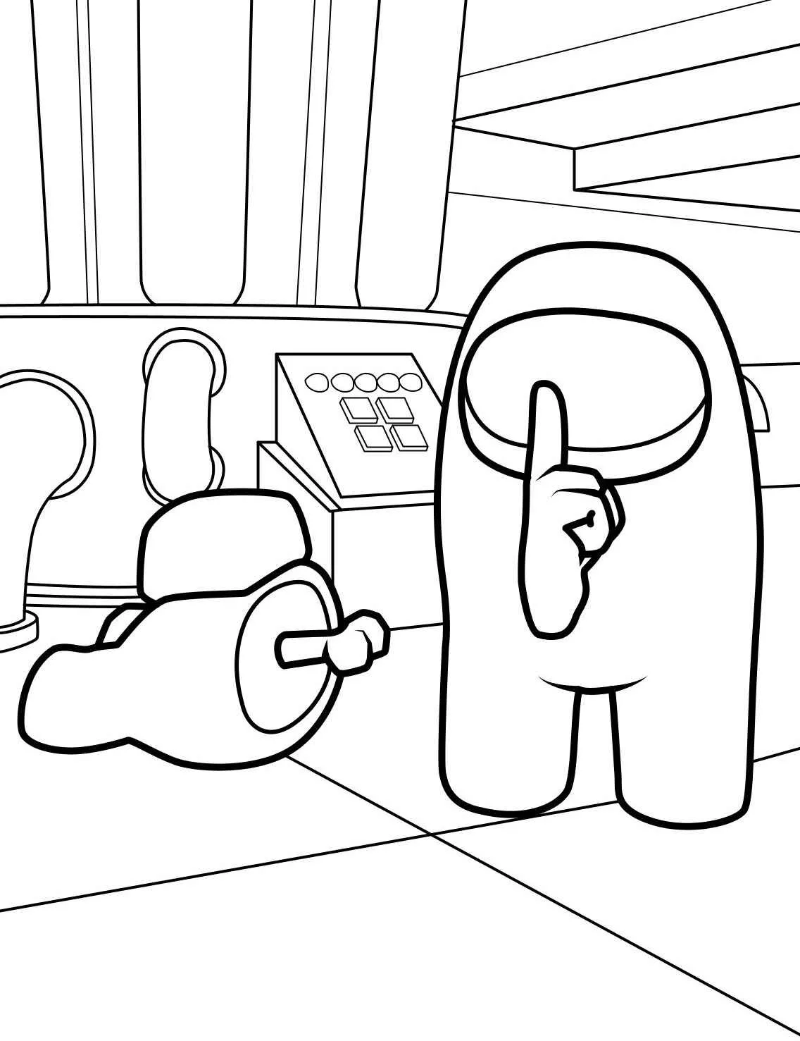 Desenho de um tripulante de Among Us fazendo sinal de silêncio para colorir