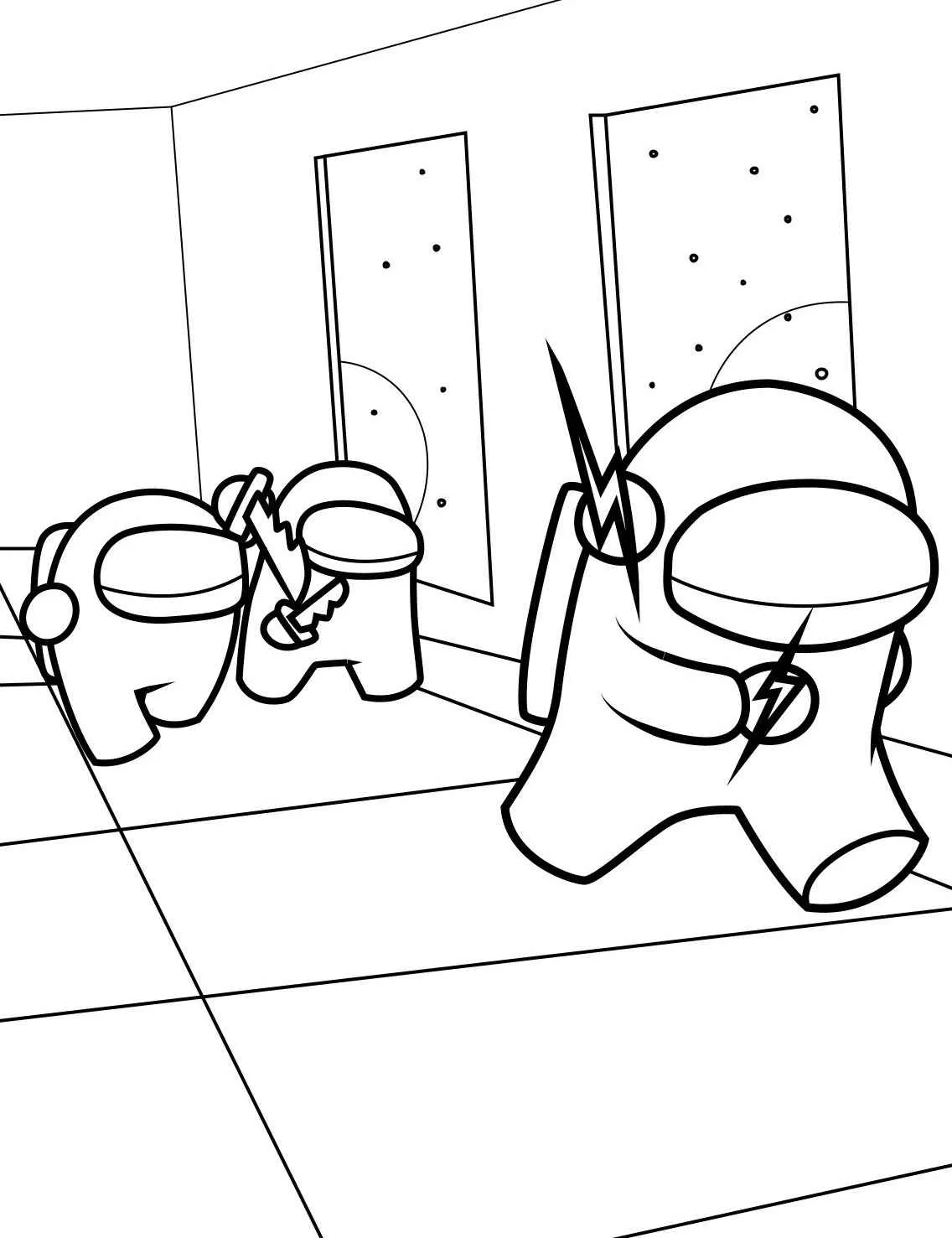 Desenho para colorir de tripulantes de Among Us em uma cena de ação