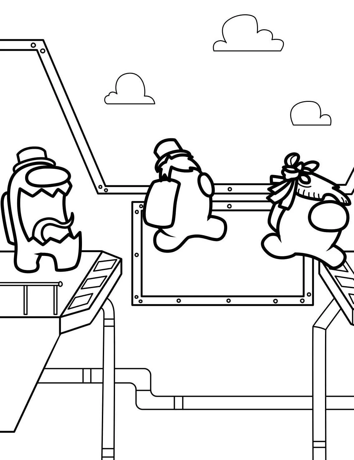 Desenho para colorir de tripulantes de Among Us em uma nave espacial