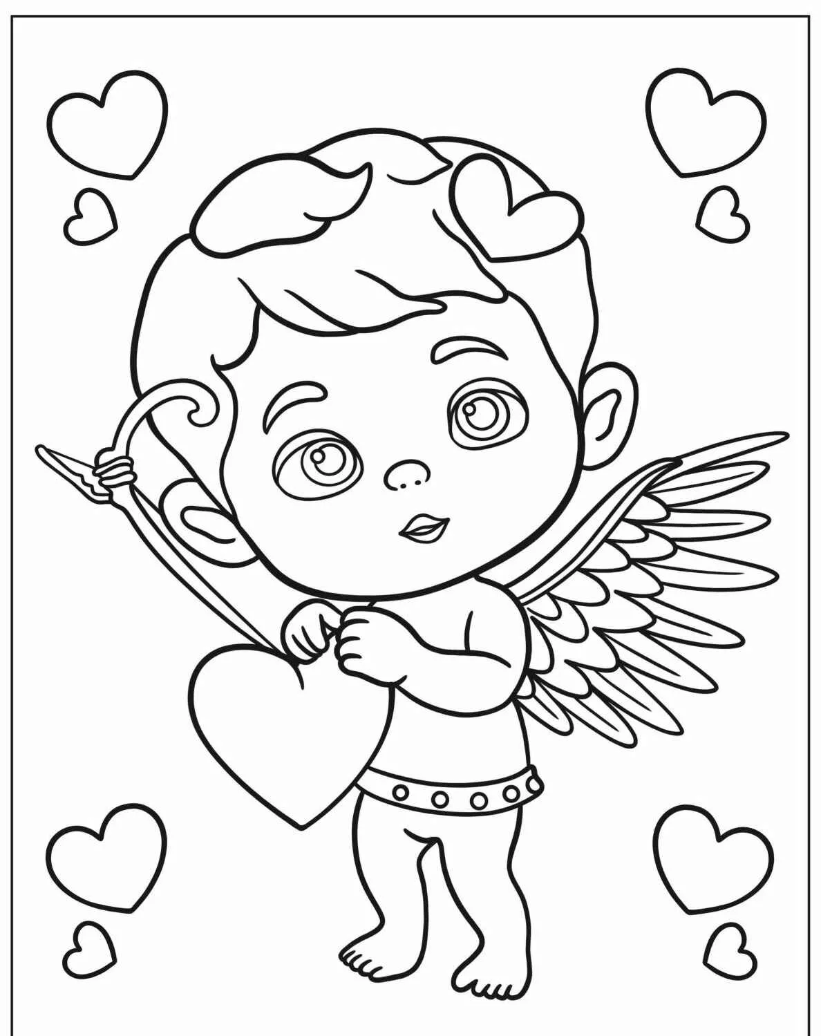 Desenho de um anjinho segurando um coração rodeado de pequenos corações para colorir.