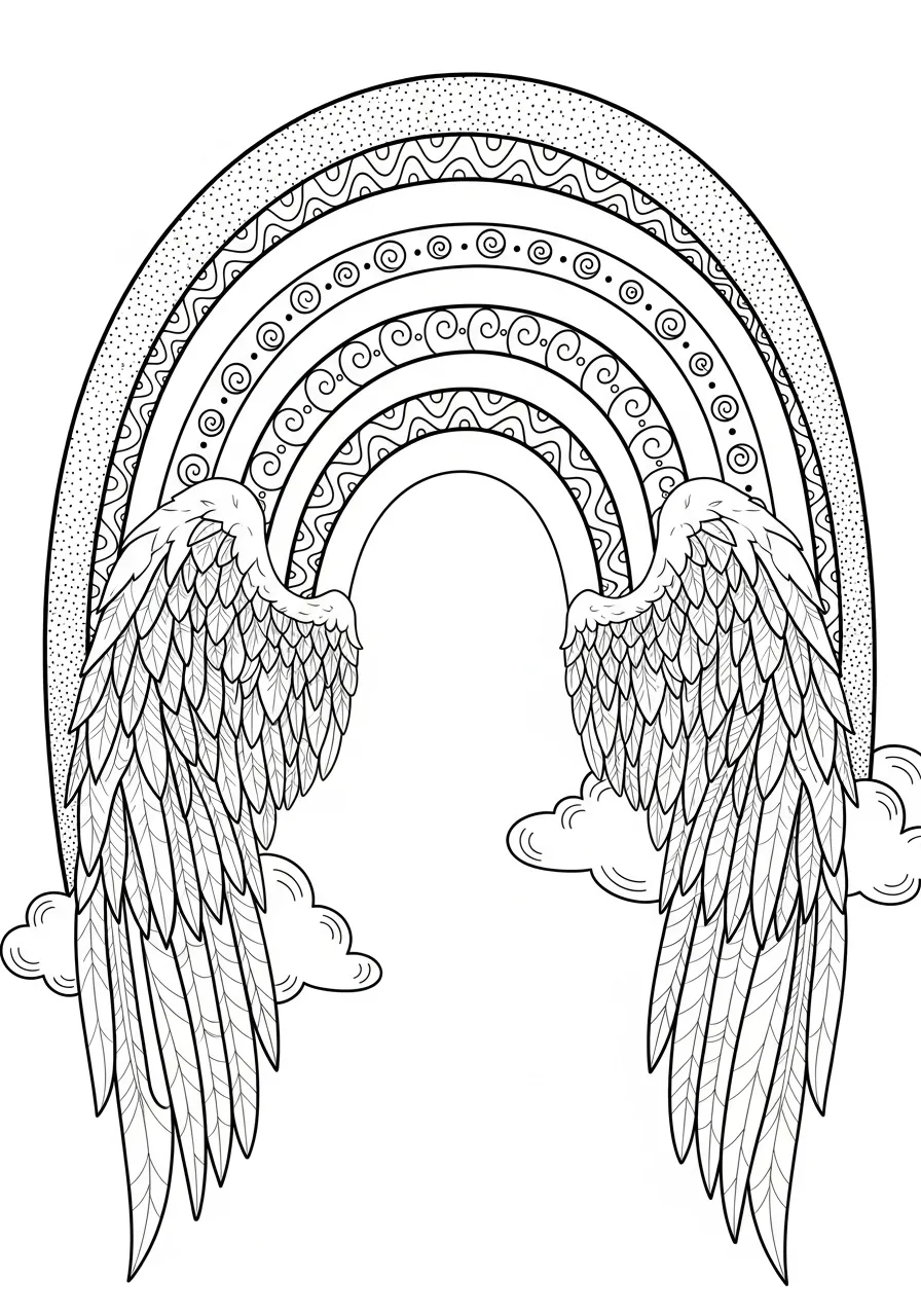Desenho de um arco-íris decorado com asas de anjo e nuvens, ideal para colorir.