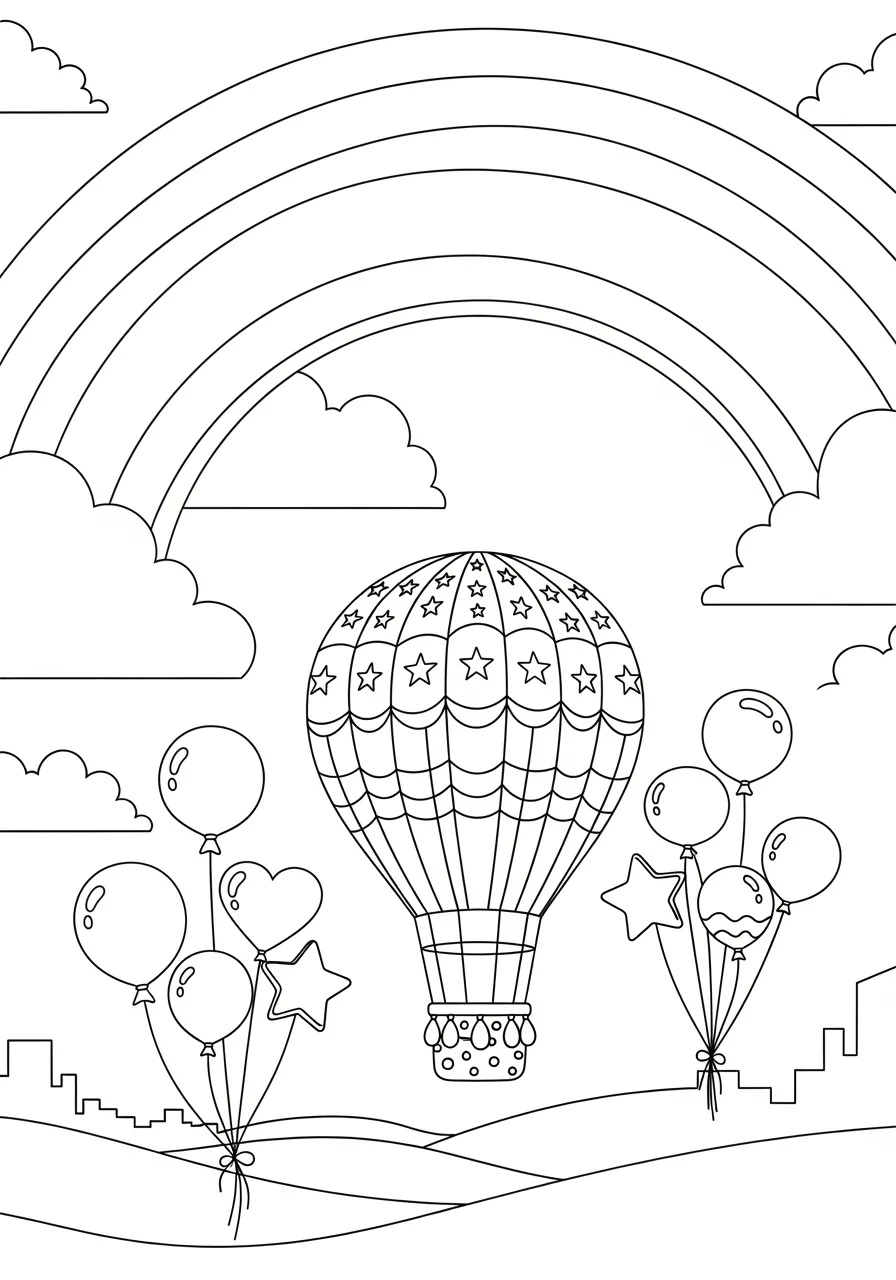 Desenho de um arco-íris com nuvens, um balão de ar quente e balões coloridos