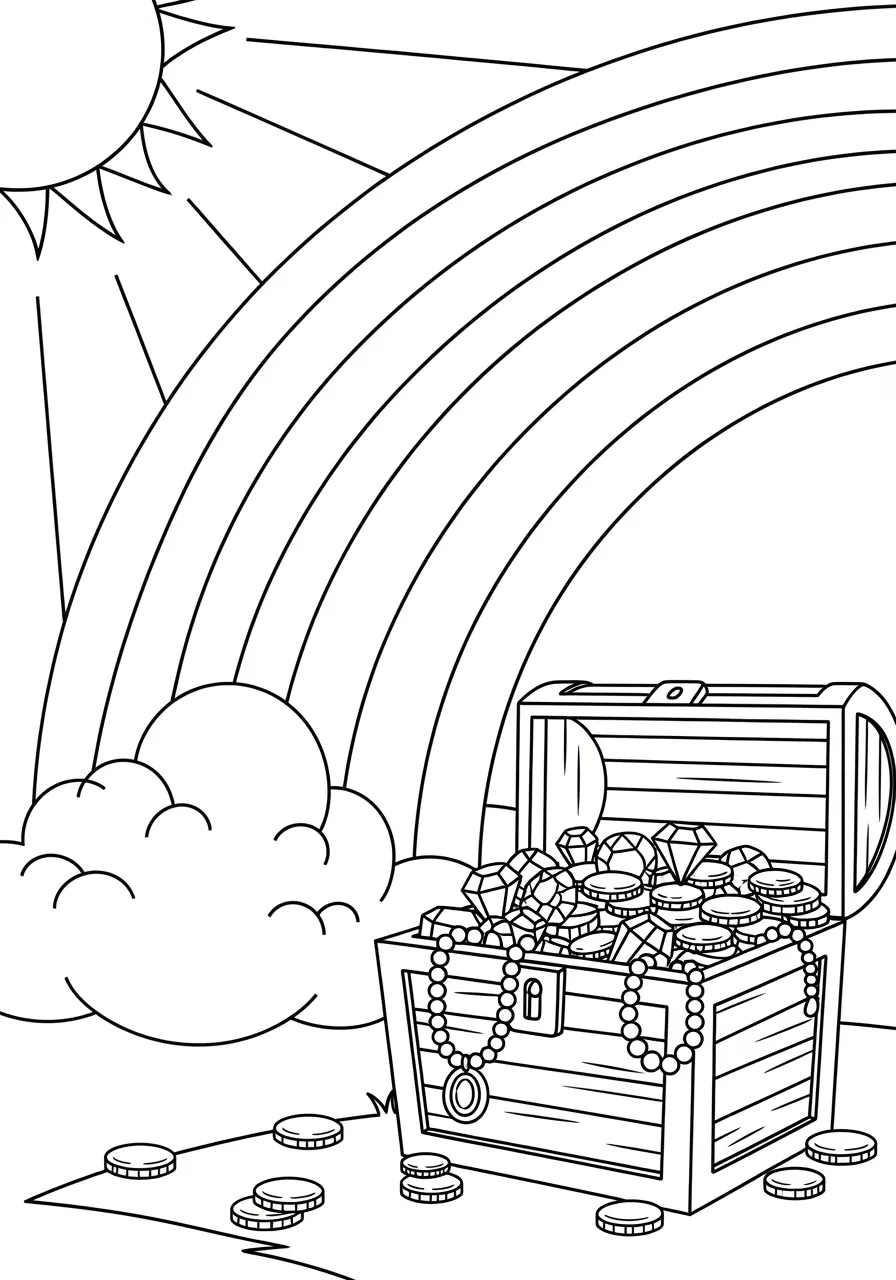 Desenho de um arco-íris sobre um baú do tesouro cheio de joias e moedas, com nuvens e sol ao fundo.