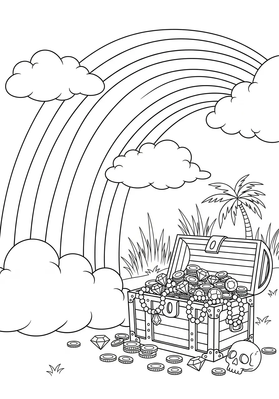 Desenho de um arco-íris colorido com um baú do tesouro cheio de moedas e joias, nuvens e uma palmeira ao fundo.