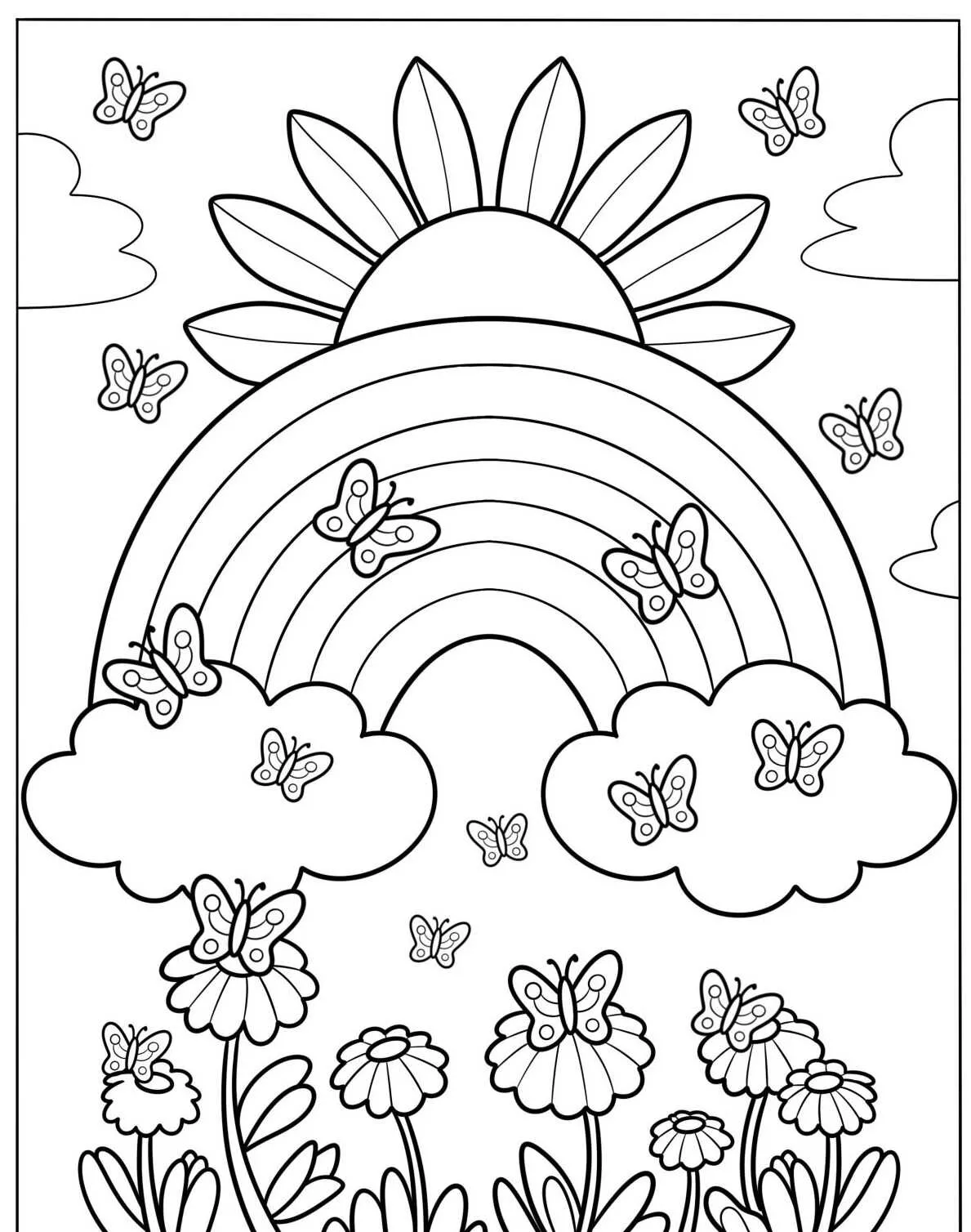 Desenho de um arco-íris colorido com borboletas e flores em um dia ensolarado