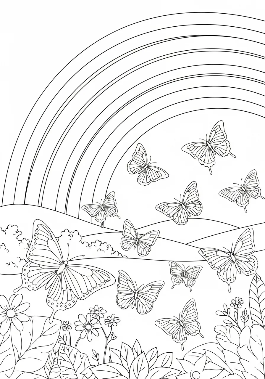 Desenho de um arco-íris com várias borboletas voando sobre um campo de flores.