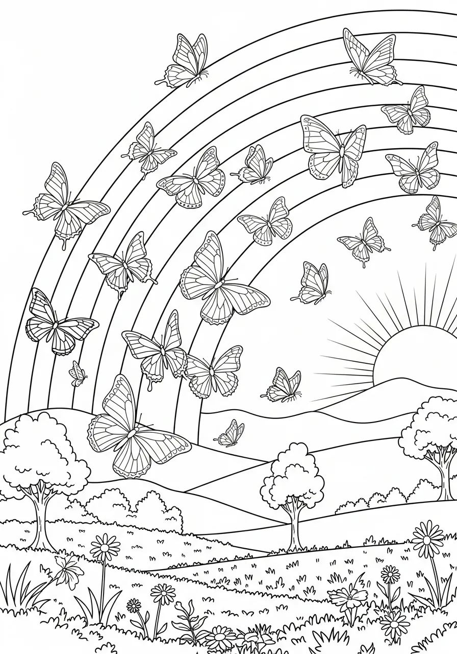Desenho de arco-íris com várias borboletas e um sol brilhante no fundo.
