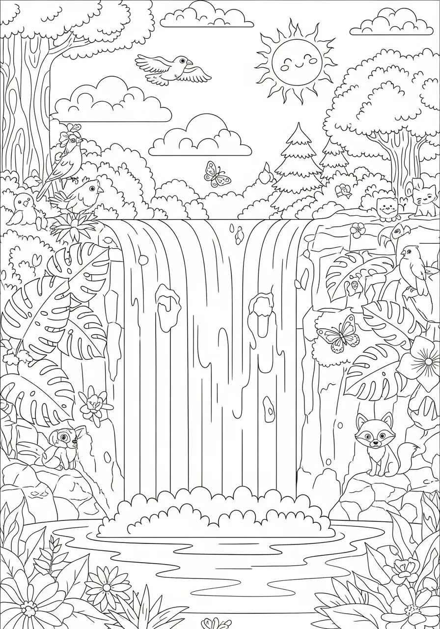 Desenho de um arco-íris sobre uma cachoeira com animais e flores para colorir