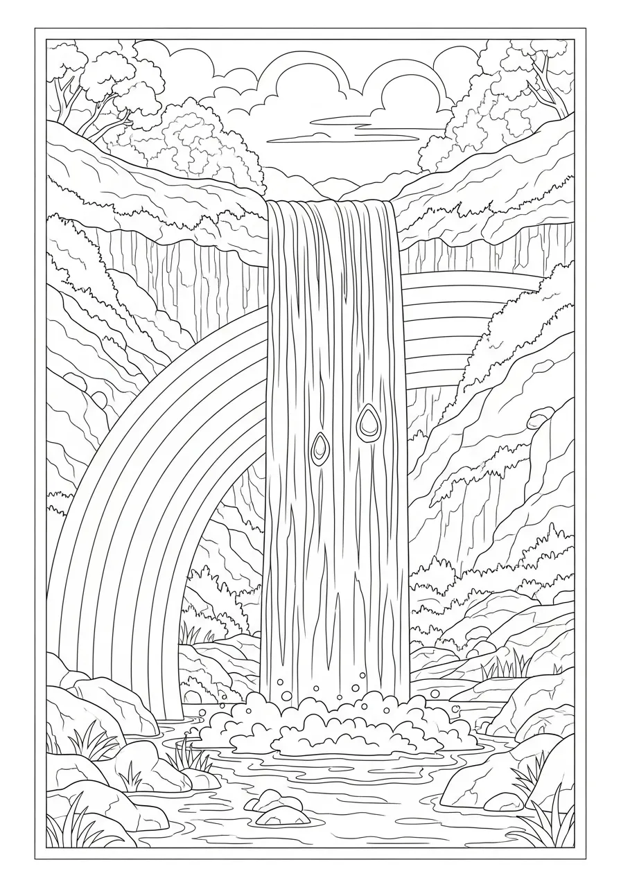 Desenho de um arco-íris sobre uma cachoeira em uma paisagem natural