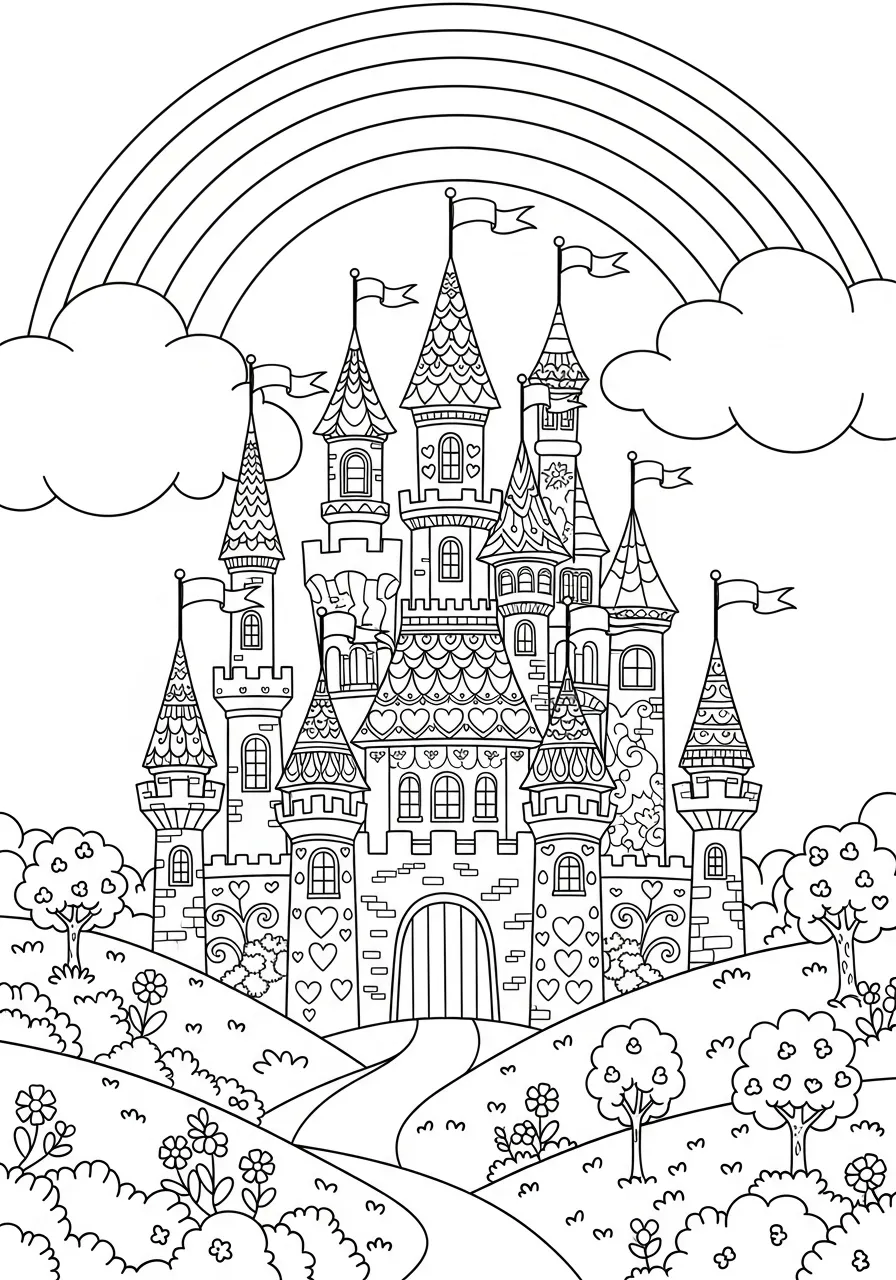 Desenho de um castelo encantado sob um arco-íris com nuvens e flores para colorir