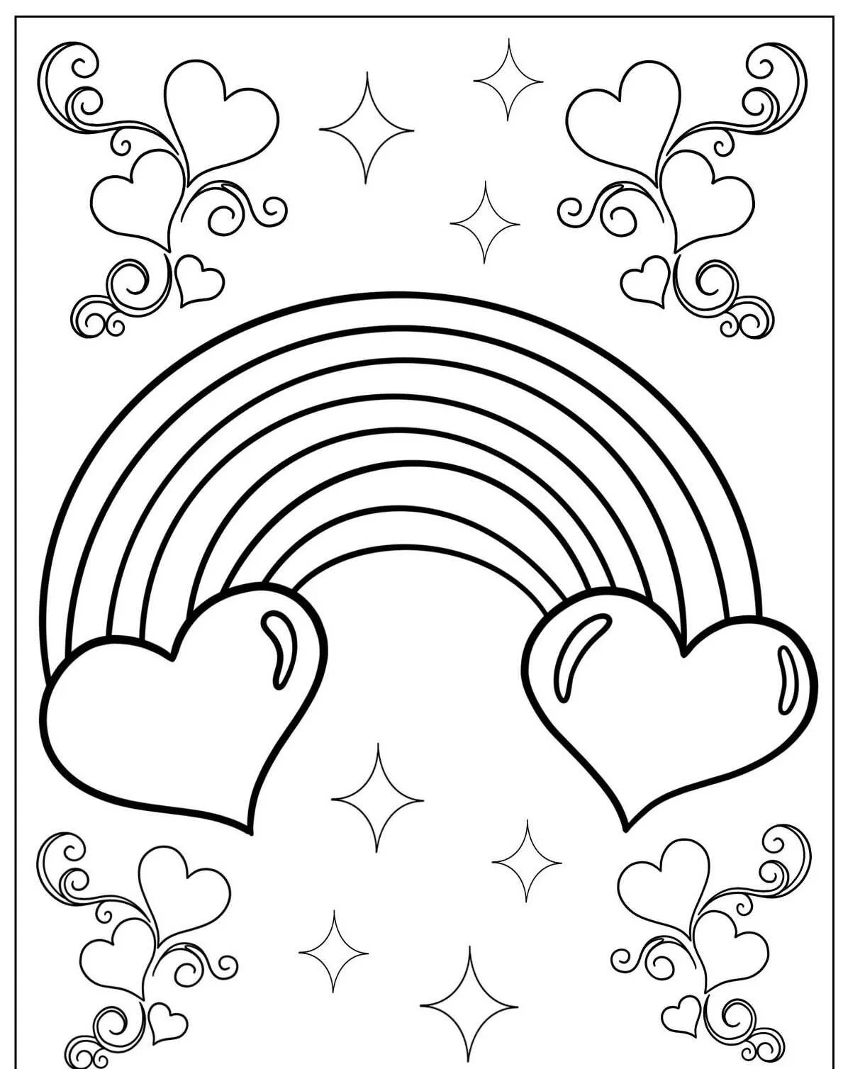 Desenho de Arco Íris com Corações e Estrelas para Colorir