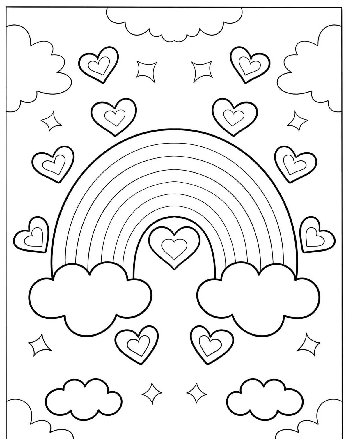 Desenho de um arco-íris com corações e nuvens, ideal para colorir.