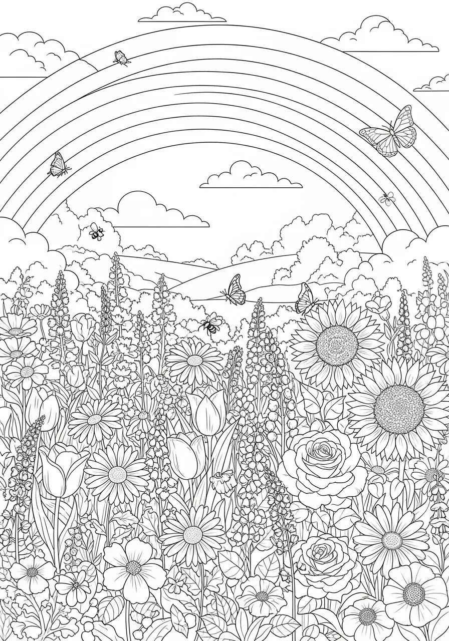 Desenho de um arco-íris sobre um campo florido com borboletas e nuvens.