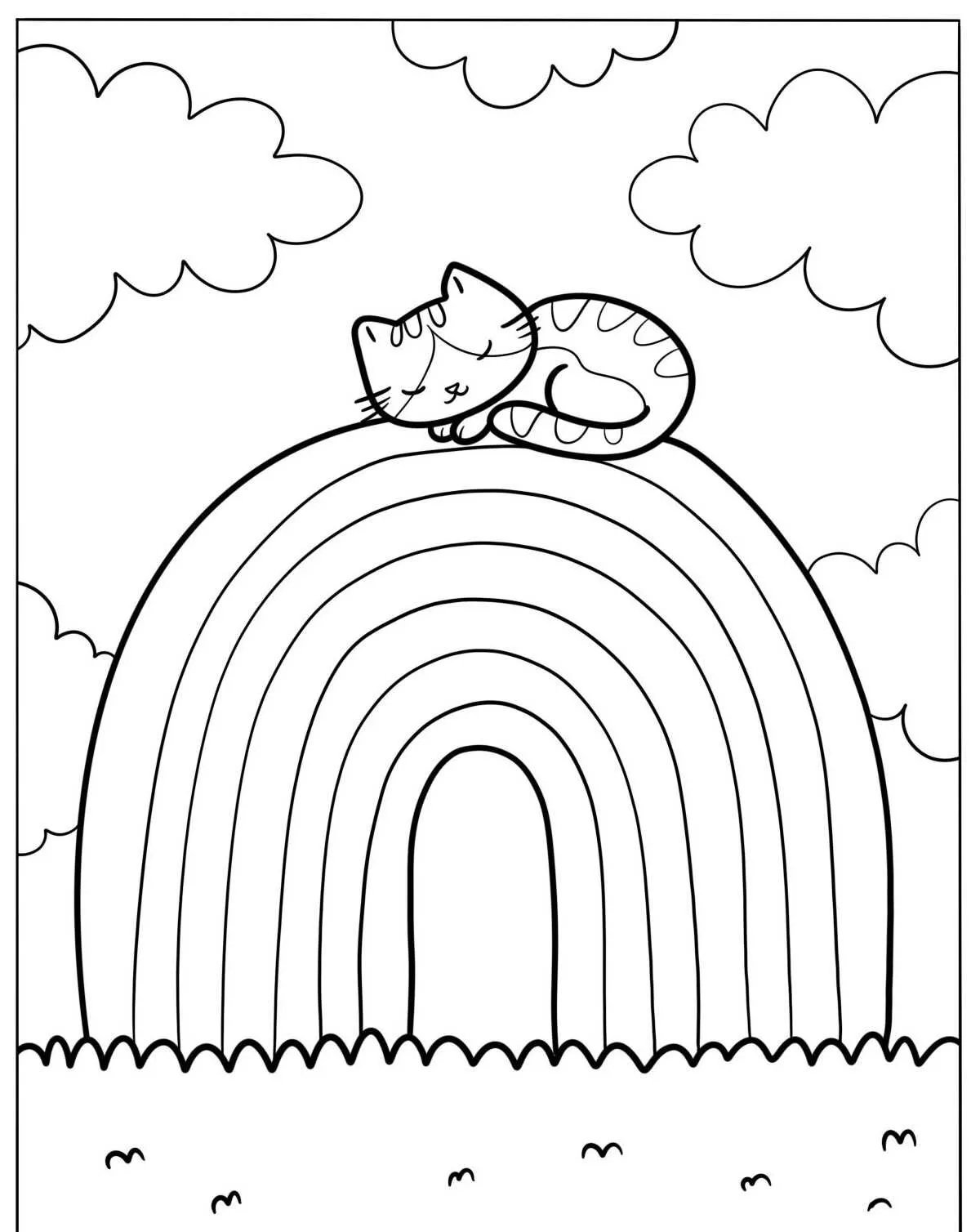 Desenho de um arco-íris com um gato dormindo em cima dele, rodeado por nuvens.