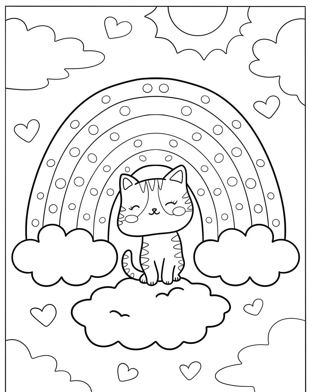 Desenho de um gato fofo sentado em uma nuvem, sob um arco-íris colorido, com corações e sol ao fundo.