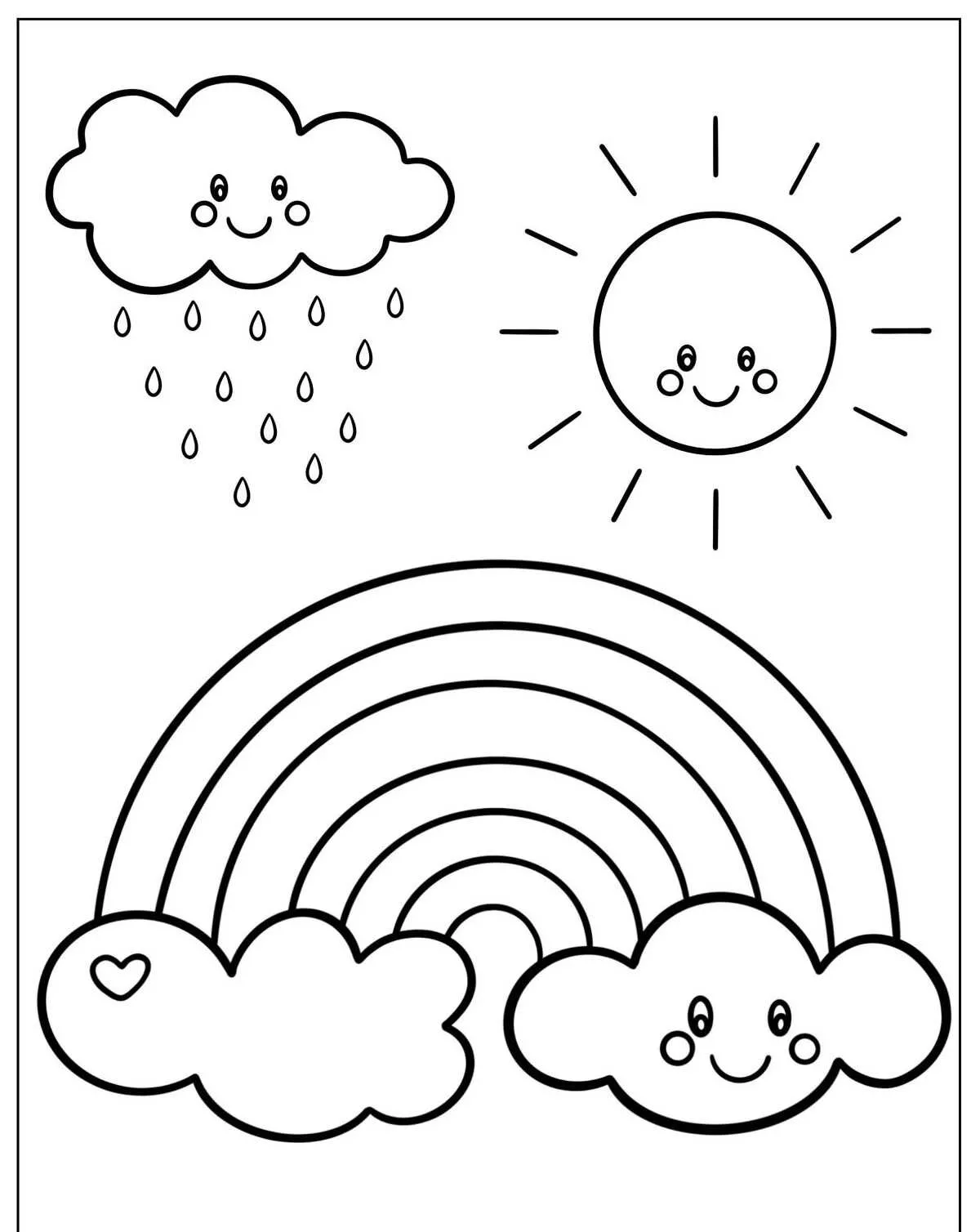 Desenho de um arco-íris com nuvens e um sol sorridente, ideal para colorir.