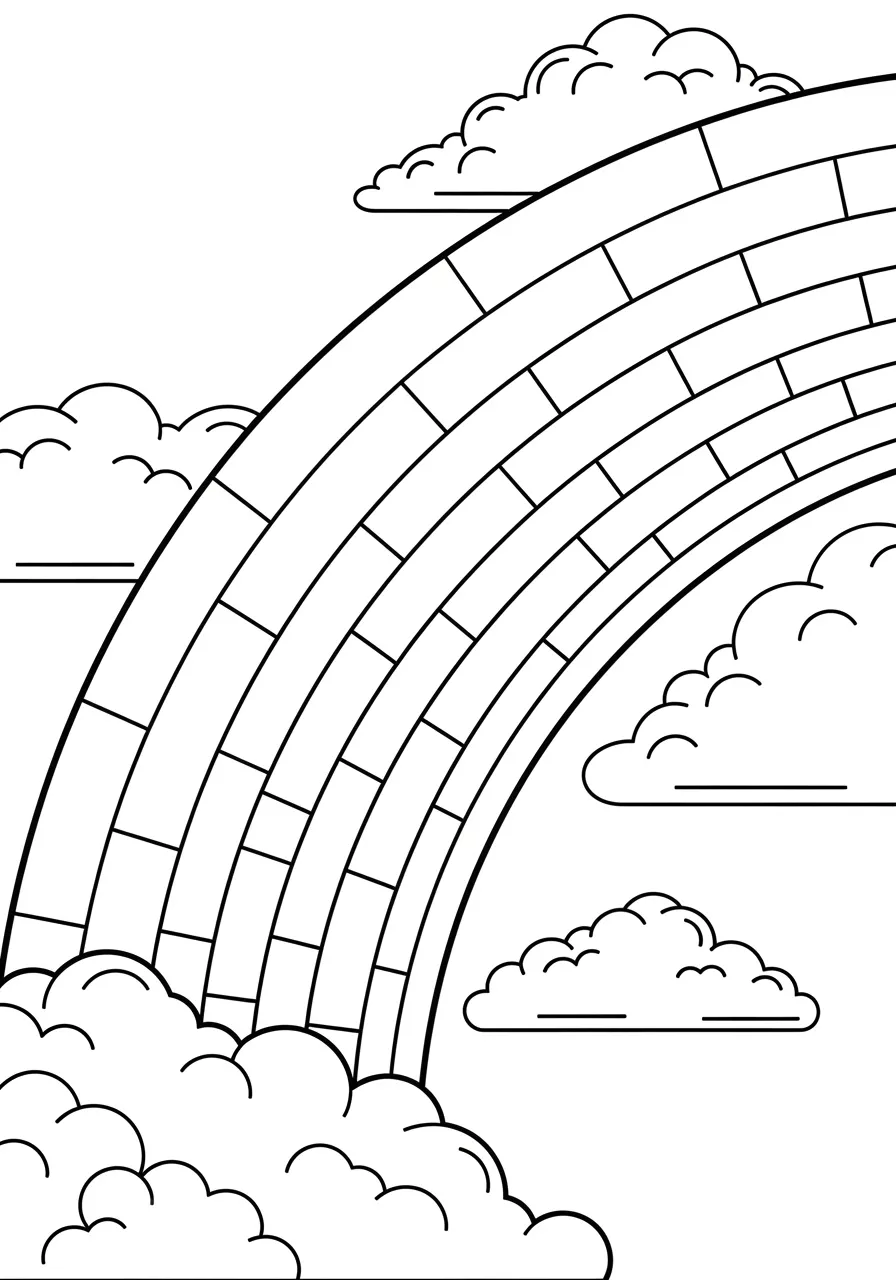 Desenho em preto e branco de um arco-íris com nuvens para colorir