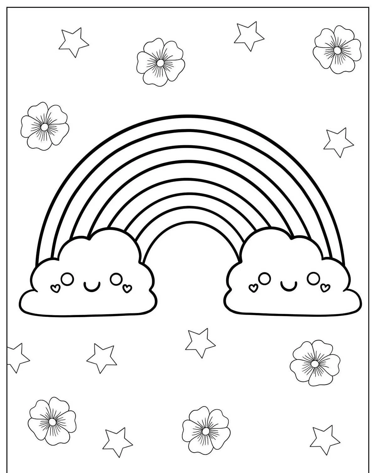Desenho de um arco-íris com nuvens sorridentes e estrelas ao fundo, ideal para colorir.