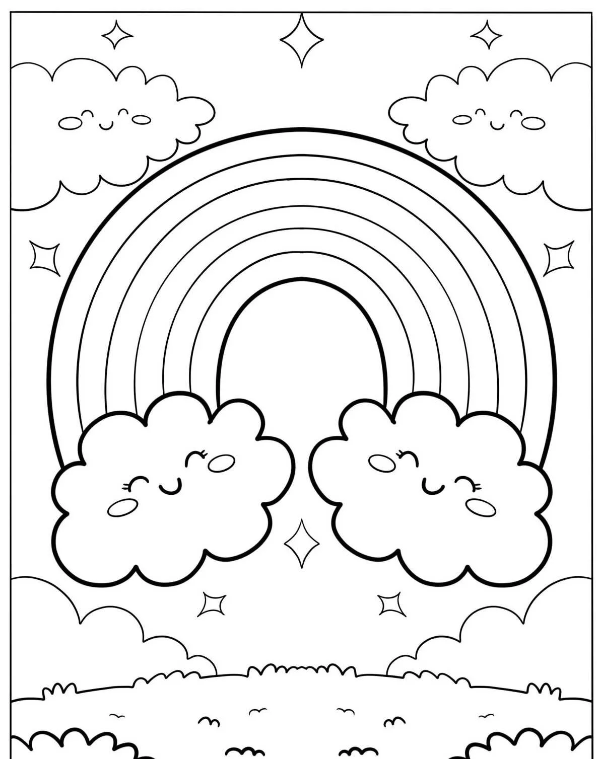 Desenho de um arco-íris com nuvens sorridentes e estrelas para colorir