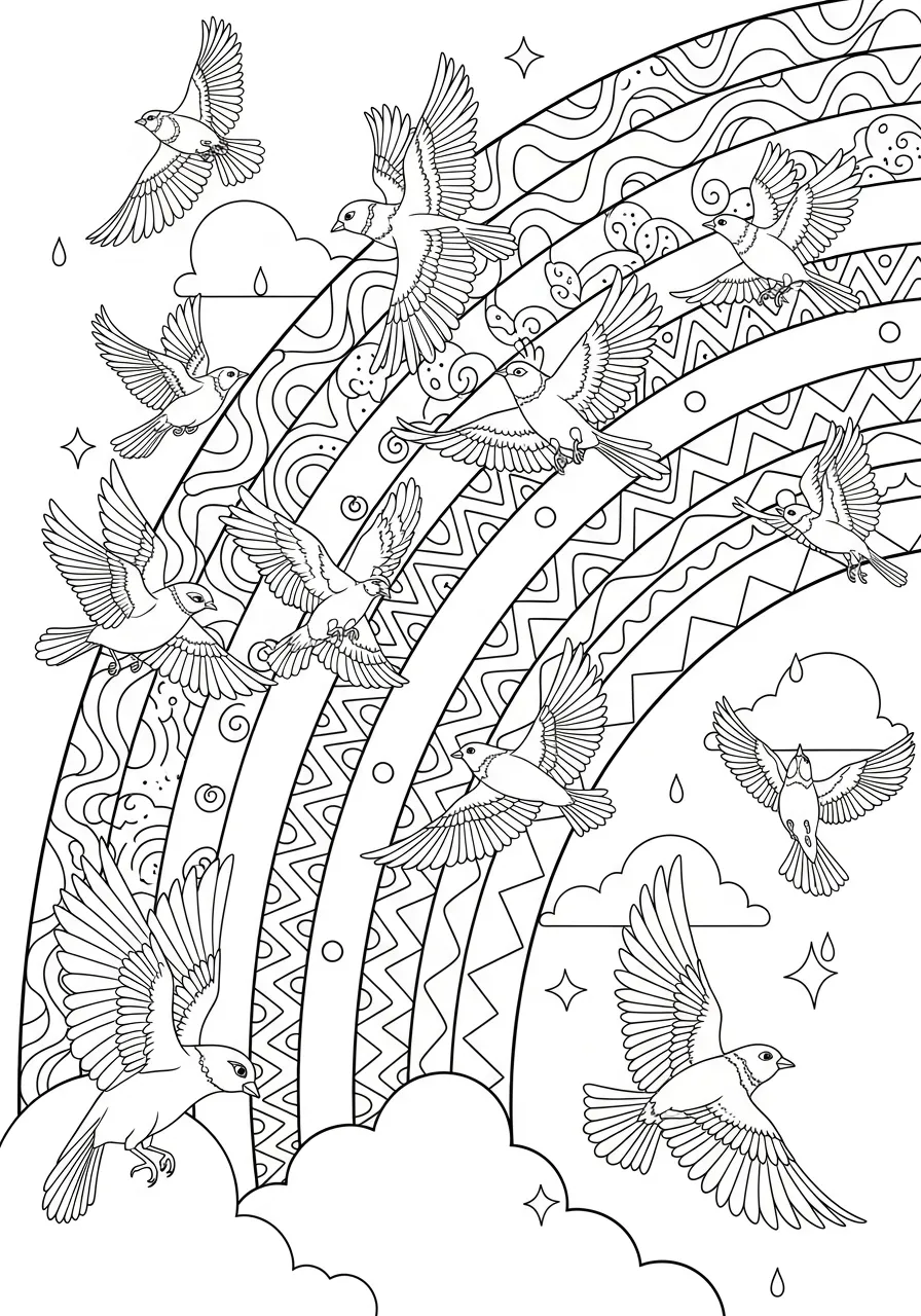 Desenho de arco-íris colorido com pássaros voando entre nuvens e estrelas.