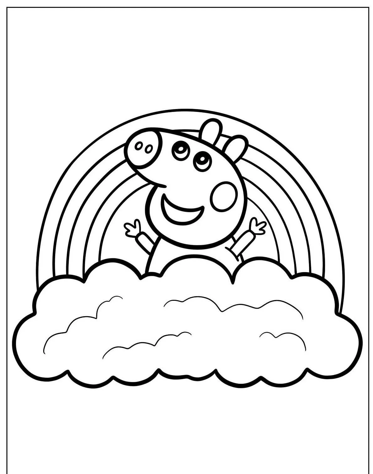 Desenho de um arco-íris com um porquinho feliz em cima de nuvens para colorir