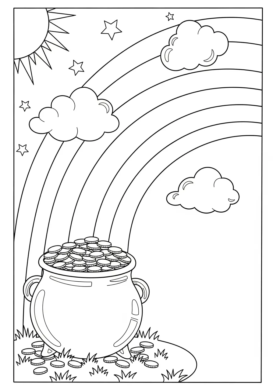 Desenho de um arco-íris com um pote de ouro, nuvens e estrelas, ideal para colorir.