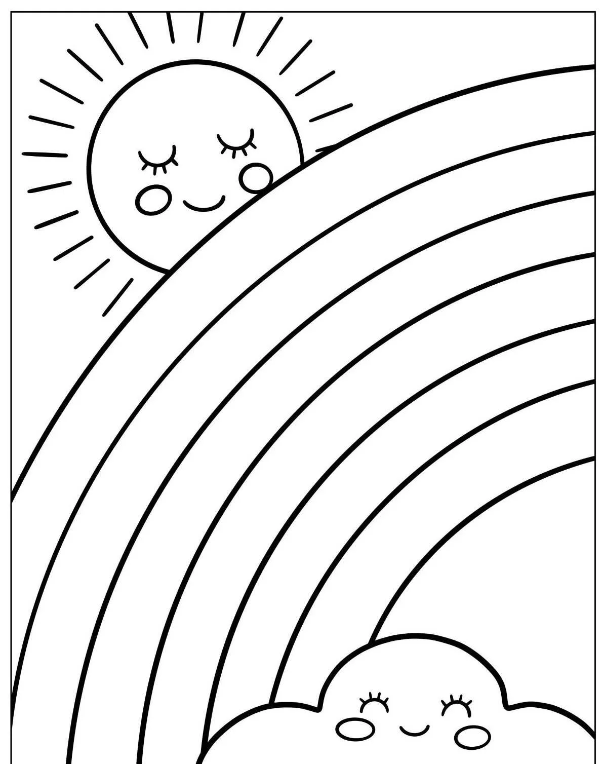 Desenho de um arco-íris com um sol sorridente e nuvens felizes para colorir.