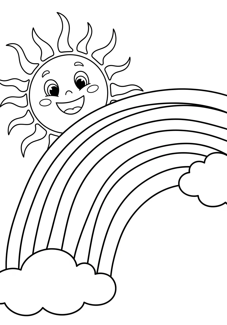 Desenho de um arco-íris colorido com um sol sorridente por trás dele, ideal para crianças colorirem.
