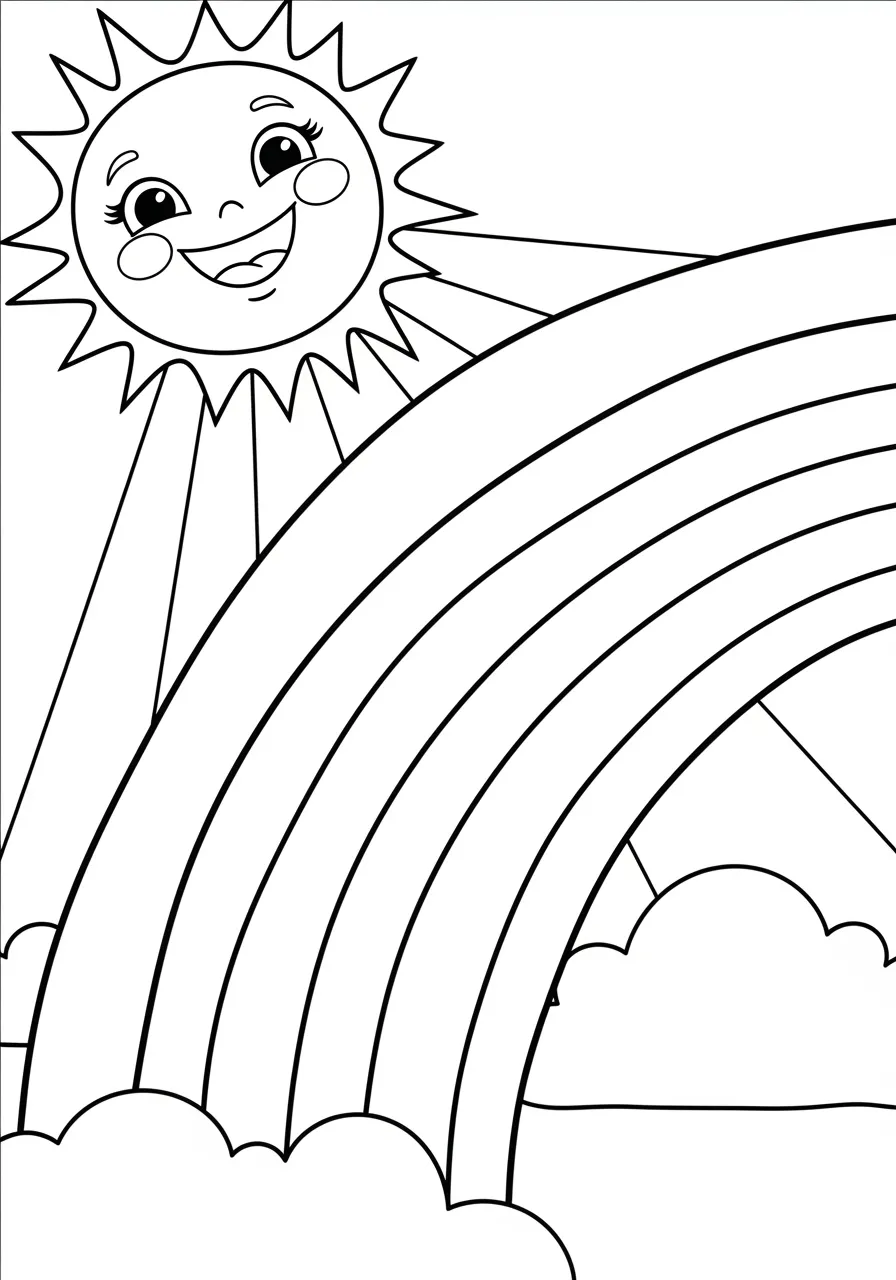 Desenho de um arco-íris colorido com um sol sorridente e nuvens fofas