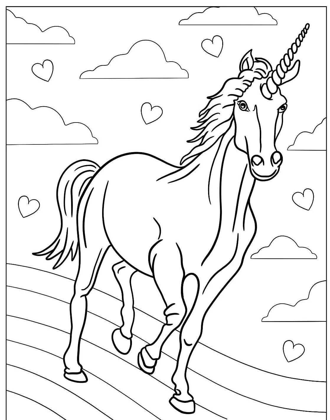 Desenho de Arco Íris com Unicórnio e Corações para Colorir