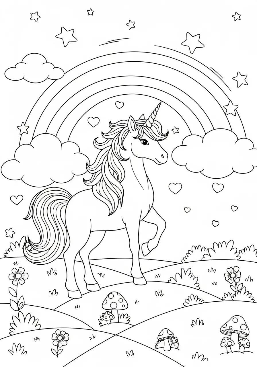 Desenho de Arco Íris com Unicórnio e Estrelas para Colorir