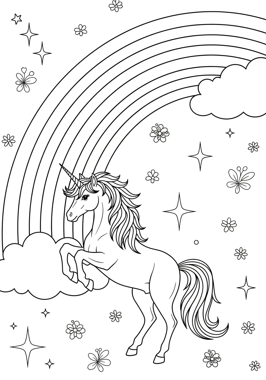 Desenho de arco-íris com um unicórnio em um cenário de nuvens e flores para colorir