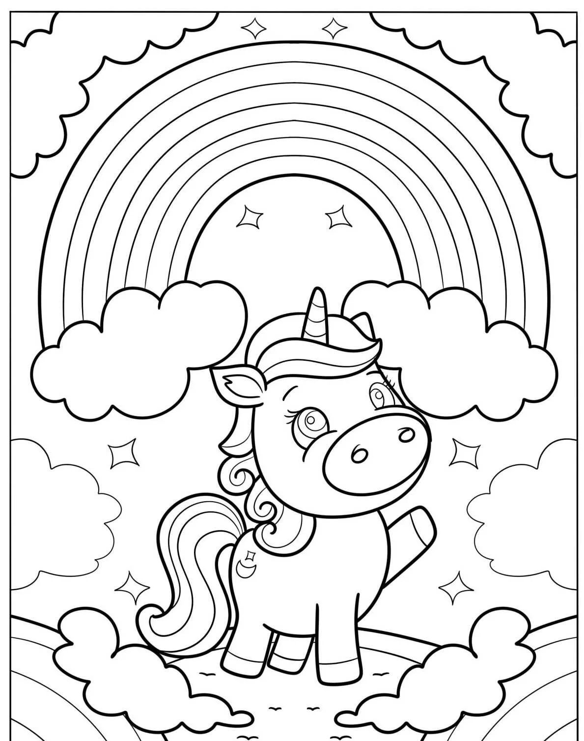 Desenho para colorir de um unicórnio alegre sob um arco-íris com nuvens e estrelas.