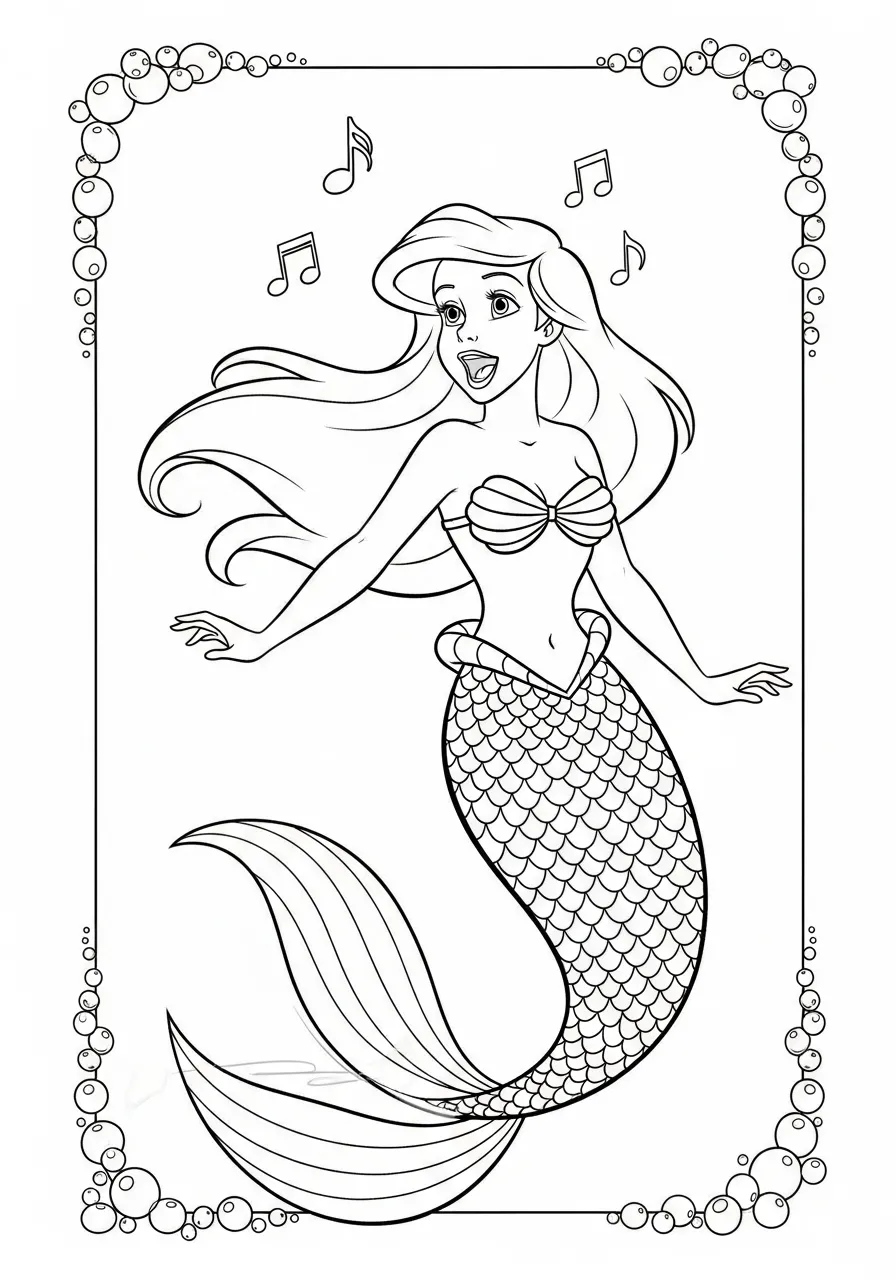 Imagem de Ariel cantando com notas musicais ao redor, pronta para colorir