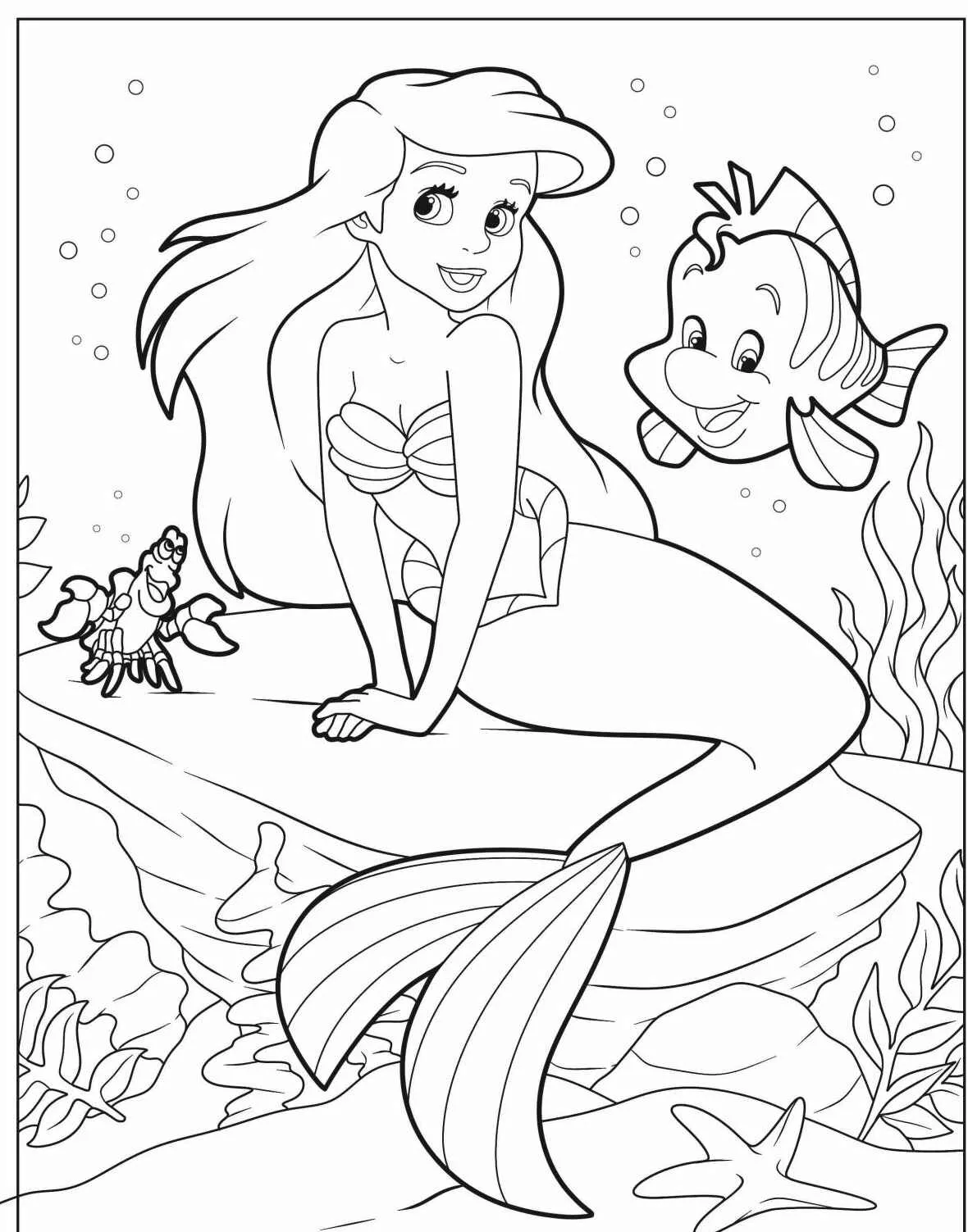 Imagem para colorir da Ariel sentada em uma rocha com Linguado e Sebastião